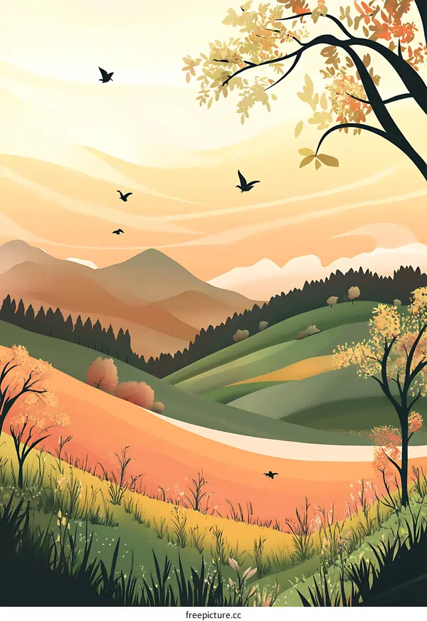 Autumn Landscape With Flying Birds Over Hills And Trees