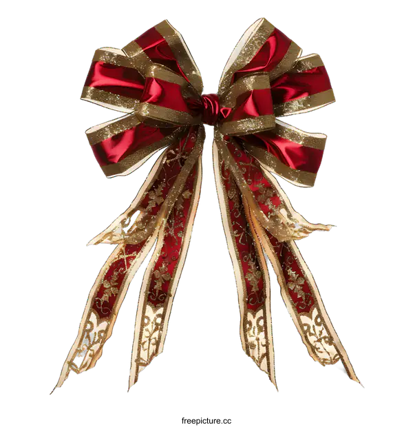 [Transparent Background PNG]Red and Gold Christmas Bow with Glittering Details
