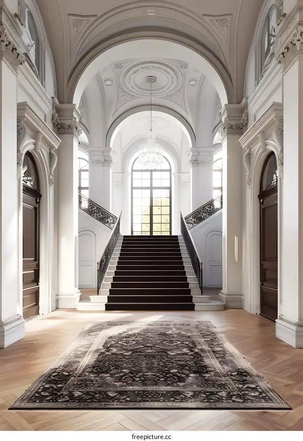Elegant Grand Staircase and Hallway in a Luxurious Mansion