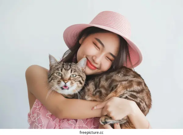 Asian woman hugging a cat