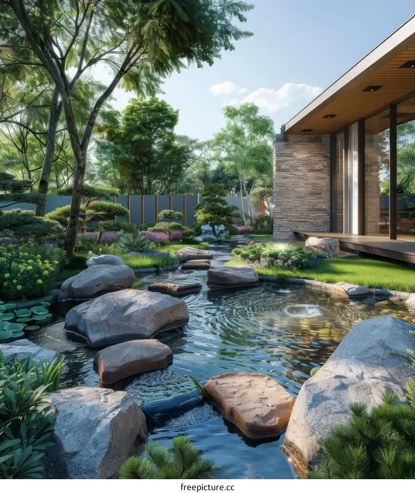 A modern courtyard with rocks and a water pond