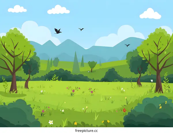 Green Meadow With Blue Mountains and Birds