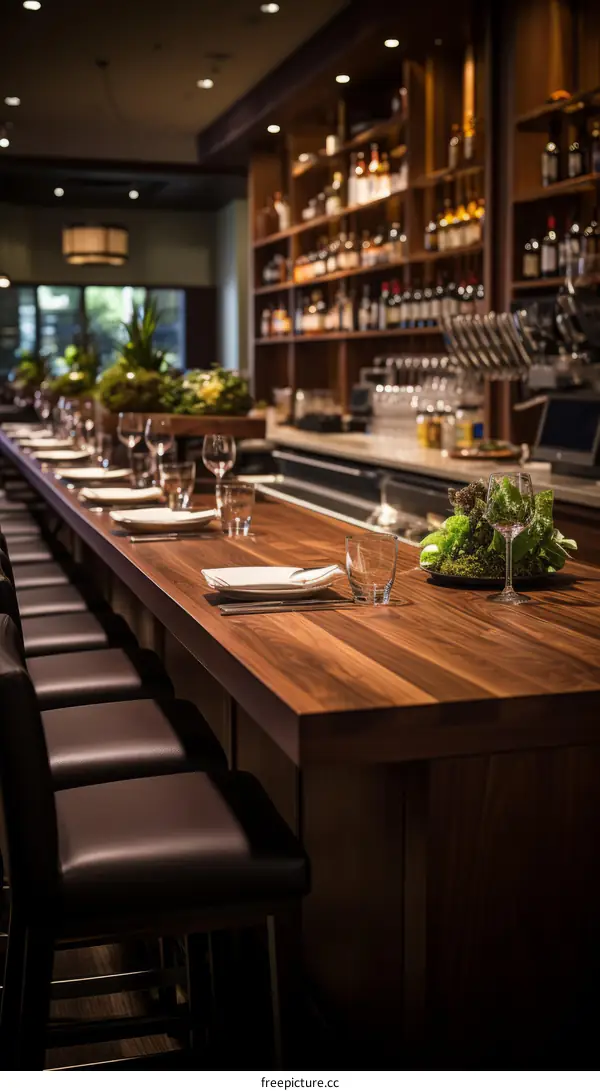 An Empty Bar with a Long Wooden Table and Chairs