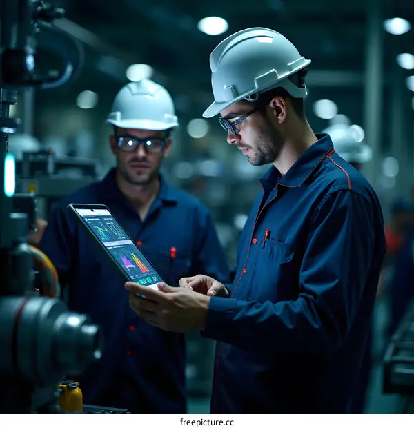 Industrial Workers Using Tablet and Data Analytics in a Factory