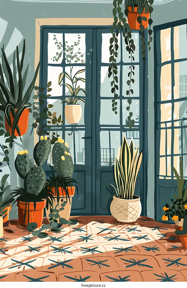 Sunlit Room with Plants and Patterned Floor