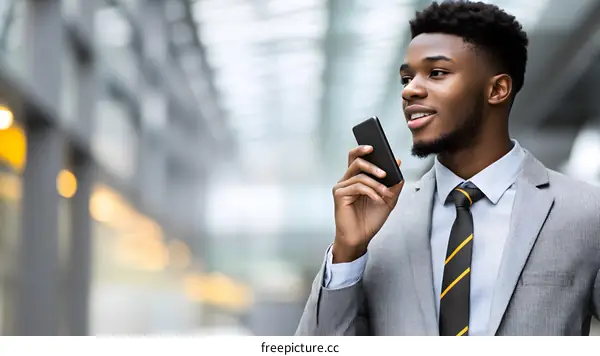 African American Man in Suit Talking on Smartphone in City