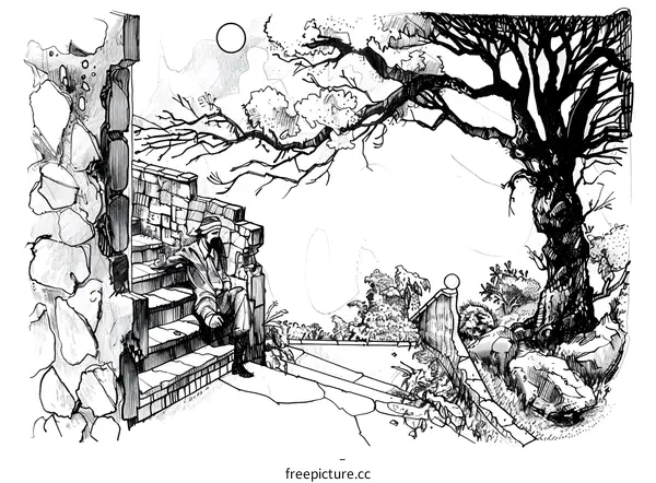 Pen and Ink Illustration of a Man Sitting on Stairs Under a Tree