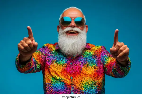 Stylish Senior Man in Vibrant Rainbow Shirt Points