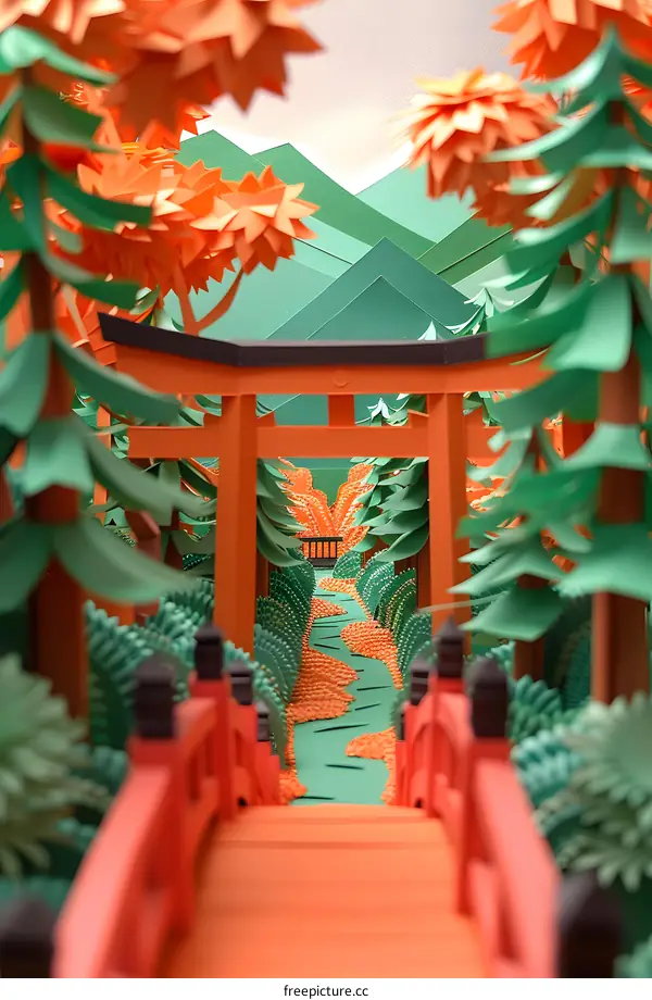 Papercraft Landscape with Bridge and Torii Gate