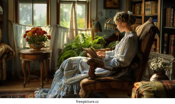 A Woman Reading in a Vintage Library Setting