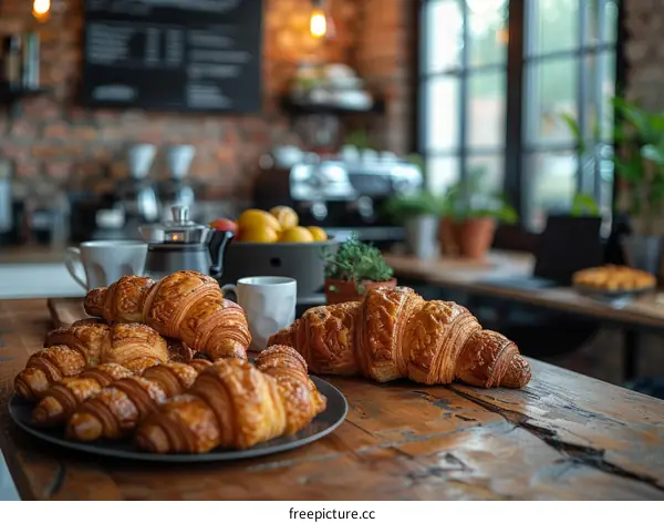 Croissants on a wooden table in a cafe