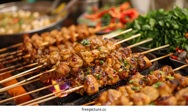 A variety of grilled meat skewers are being cooked over an open flame.