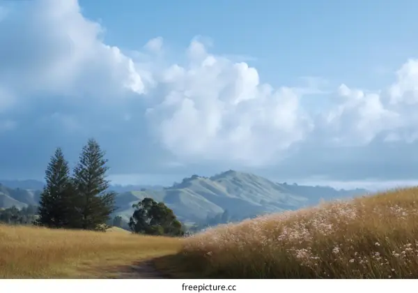 Serene Mountain Meadow Landscape Under Cloudy Sky