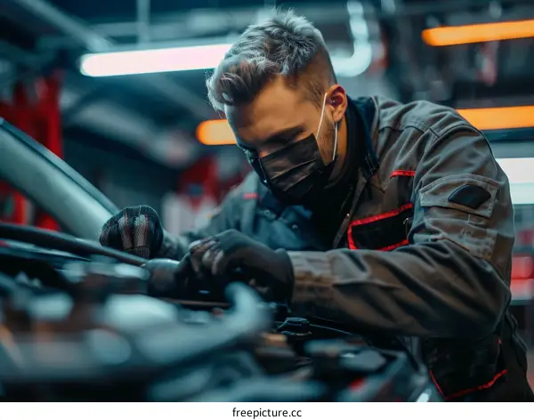 Young male mechanic in protective mask repairing car engine