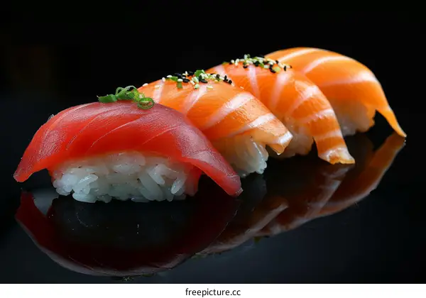 Four pieces of sushi on a black background