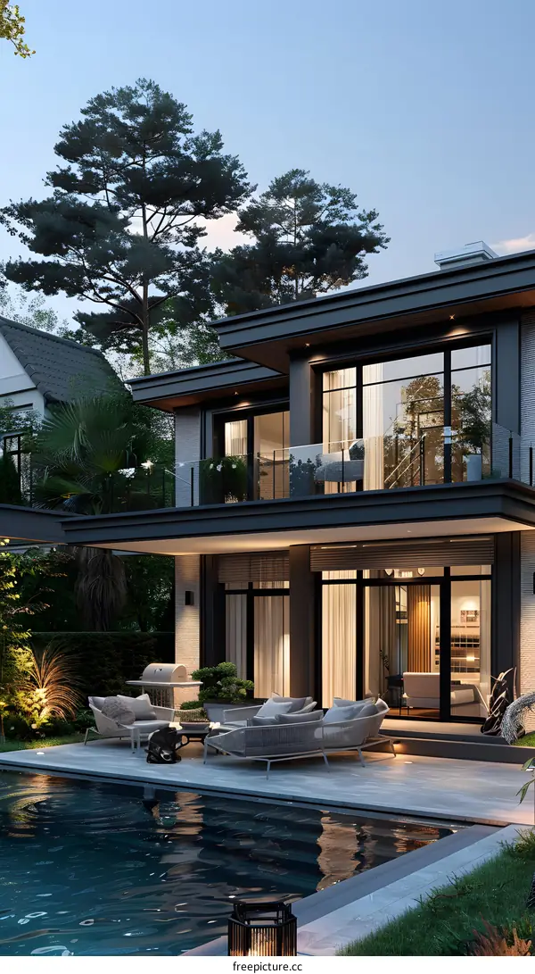 Modern house with pool and barbecue area