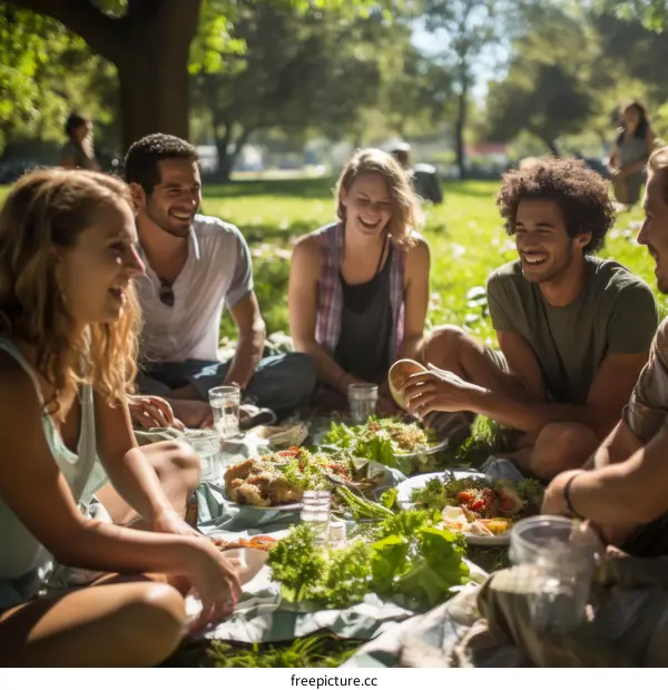 A group of diverse friends enjoying a picnic in the park