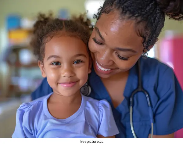 A smiling black female doctor with a young black girl patient