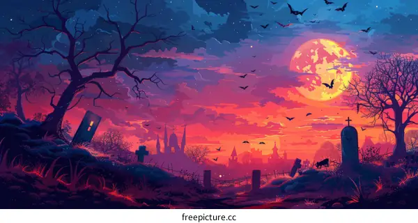 A spooky illustration of a graveyard at night