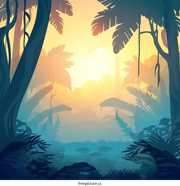 Jungle Landscape Illustration with Palm Trees and a Misty Background
