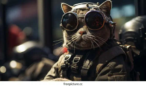 A gray cat wearing steampunk goggles and a military vest