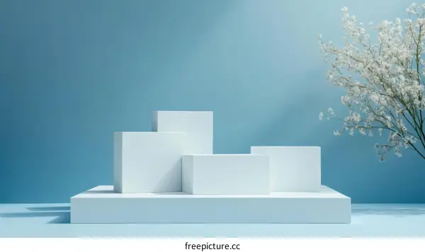 Modern Minimalist Product Display with White Podiums and Delicate Flower Arrangement