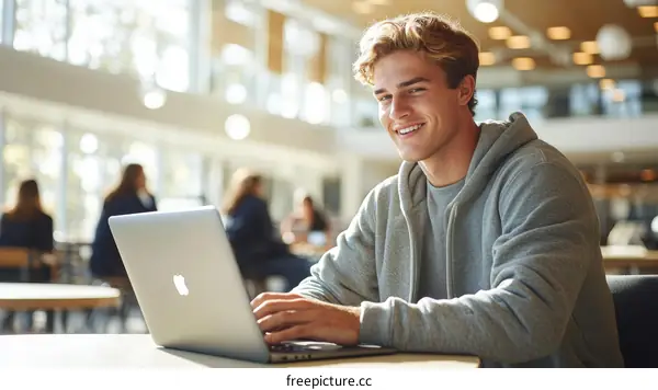 Smiling Student Working on Laptop in Modern Campus Cafe