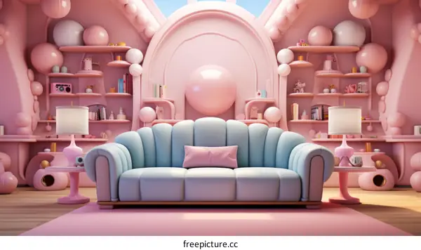 A pink and blue living room with a couch, pink bookshelves, and pink lamps.