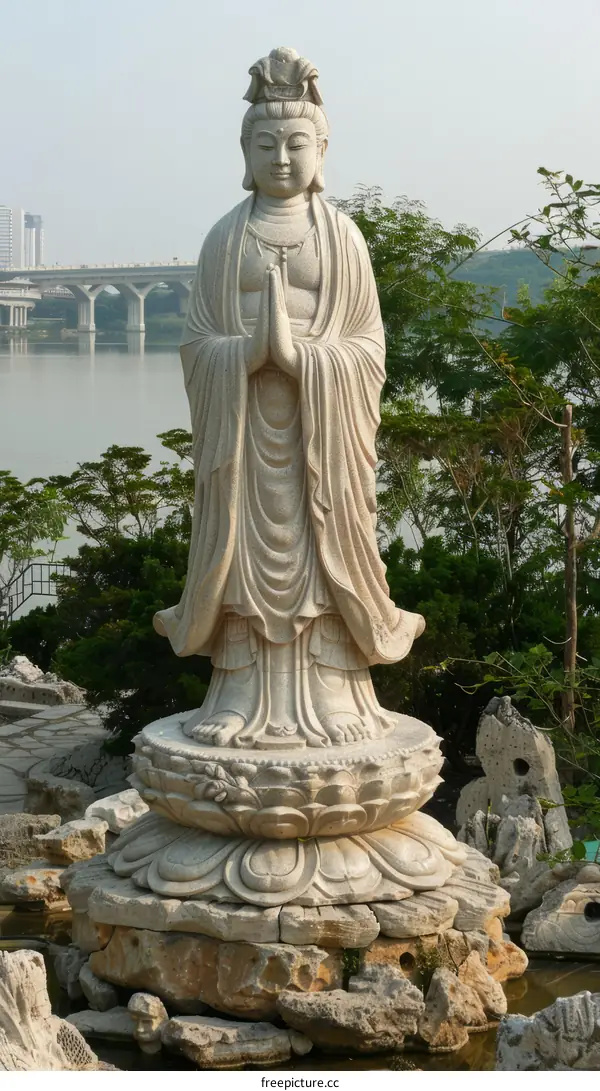 White marble statue of Guanyin, the goddess of compassion