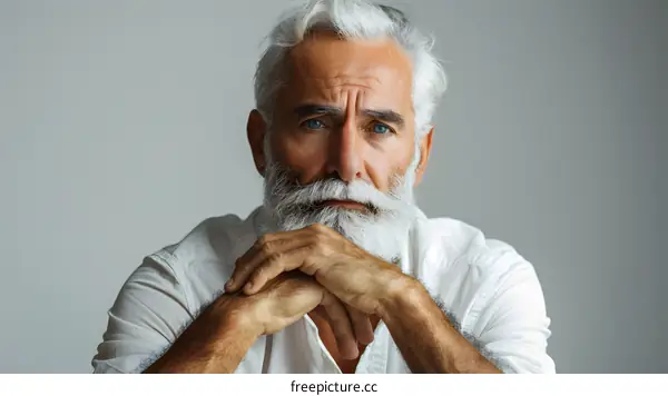 portrait of a handsome old man with white beard and blue eyes