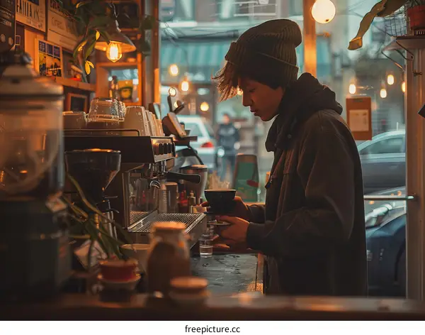 A barista making coffee in a cafe