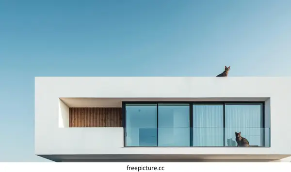 Two cats on a modern house roof