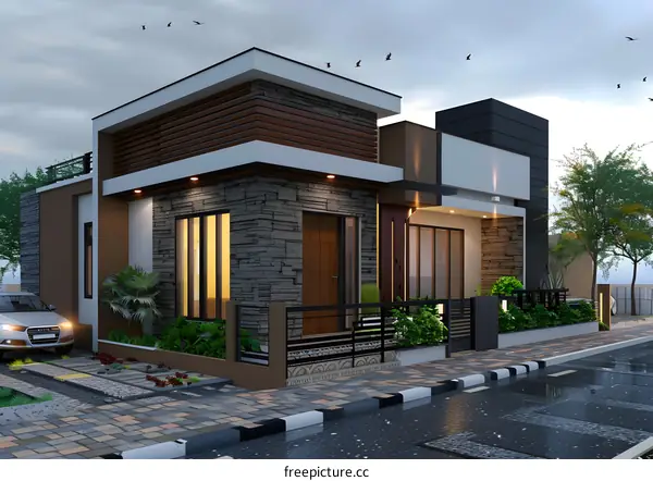 Modern House Design with Stone Facade and Green Landscaping