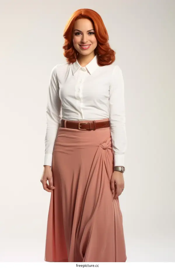 A young woman with red hair wearing a white blouse and pink skirt