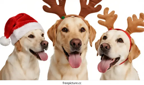 Three Cute Dogs Wearing Christmas Reindeer Antlers and Santa Hat