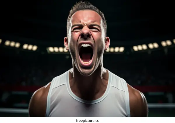 Male tennis player screaming in a tennis match