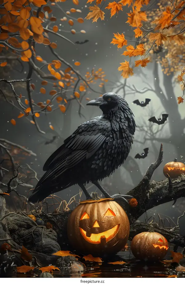 A Crow and Pumpkins in the Forest