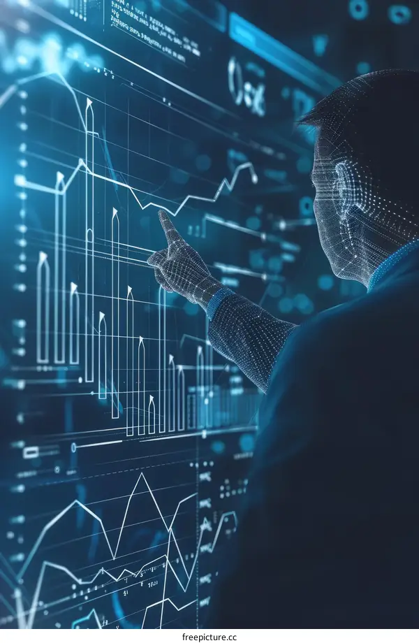 Businessman touching a digital screen with graphs and charts.