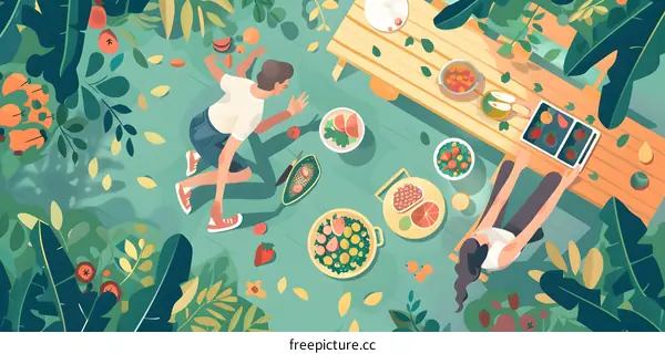 Two People Enjoying Summer Picnic Outdoors with Colorful Food