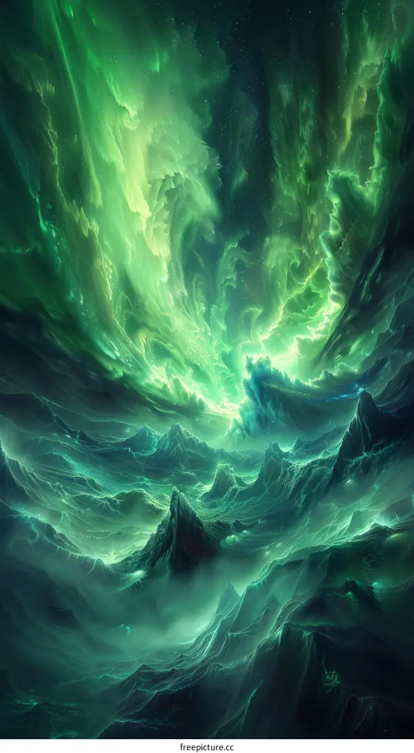 Mystical green alien landscape with glowing clouds and mountains