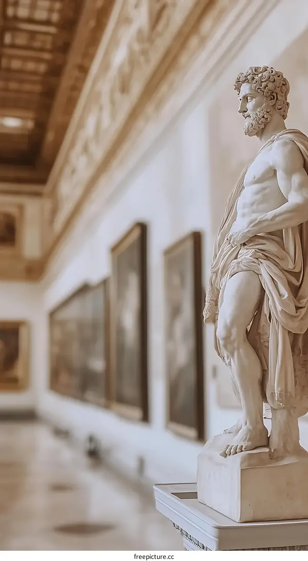 Marble Sculpture in Art Gallery with Paintings in Background