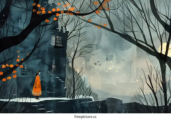 Winter Landscape with a Woman in a Red Dress