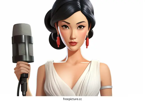 Illustration of a young Asian woman singing while holding a microphone