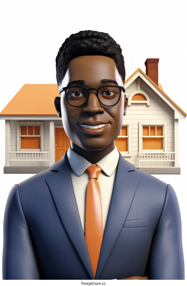 Black real estate agent standing in front of a house