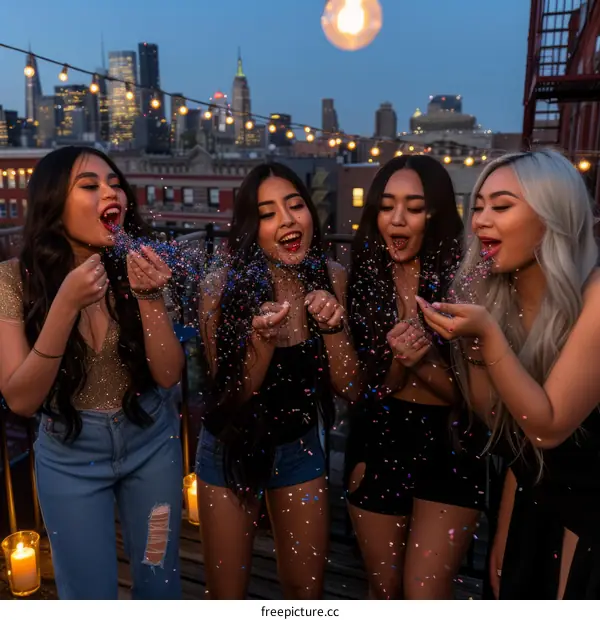 Four Asian women celebrating with sparklers on a rooftop in New York City