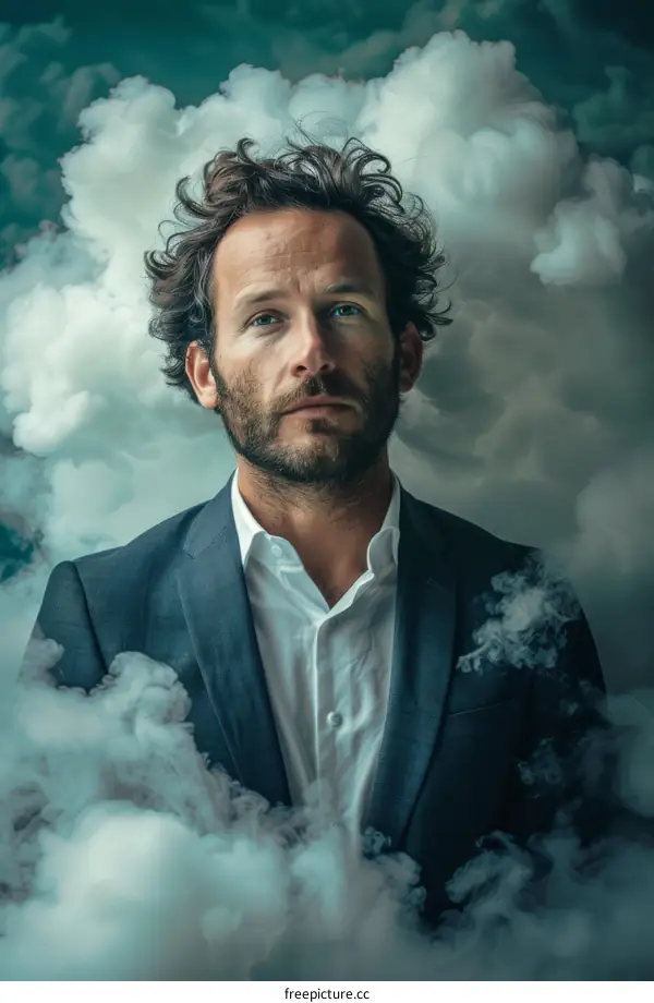 A man with curly hair and a long beard stands in front of a gray, foggy background