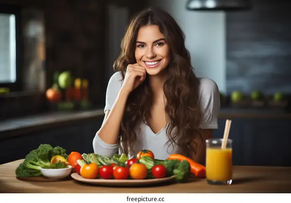 Smiling woman with a plate full of vegetables and fruits