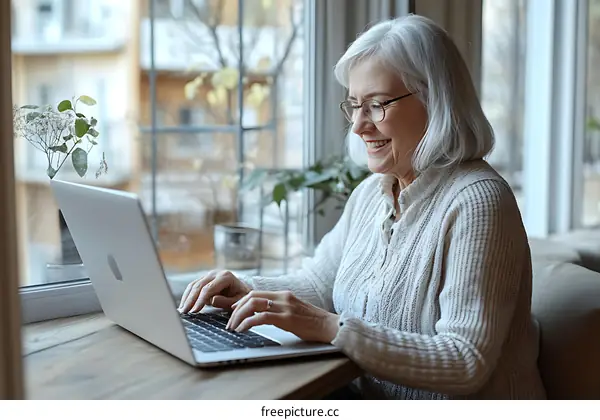 Senior Woman Working on Laptop by Window