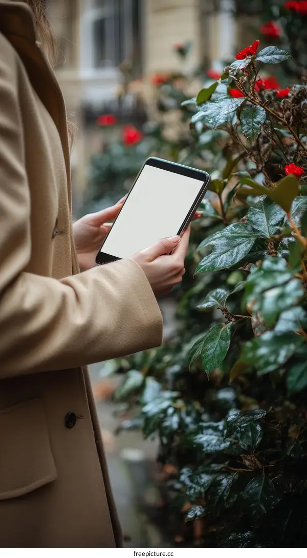 Woman Using Tablet Outdoors in Autumn