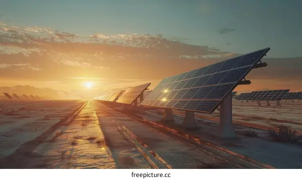 Large solar farm in the middle of the desert at sunset